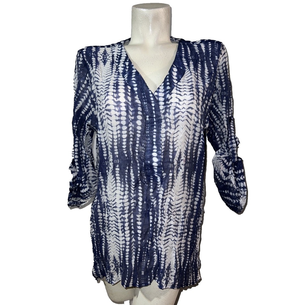 Grand & Greene Top Blue White Tie Dye Shibori V-Neck Roll Tab Sleeve Tunic Sz L